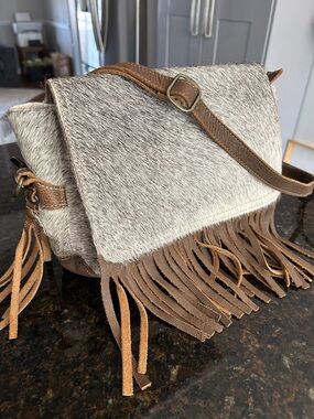 Myra Bag Simplistic Medium Hair-On Leather Fringe Shoulder Bag